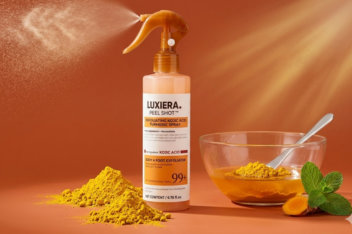 Luxiera peel shot product with turmeric powder and a bowl on an orange background